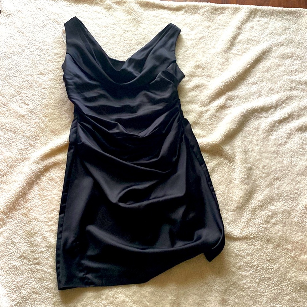 David’s Bridal sleeveless black satin cowl neck dress.